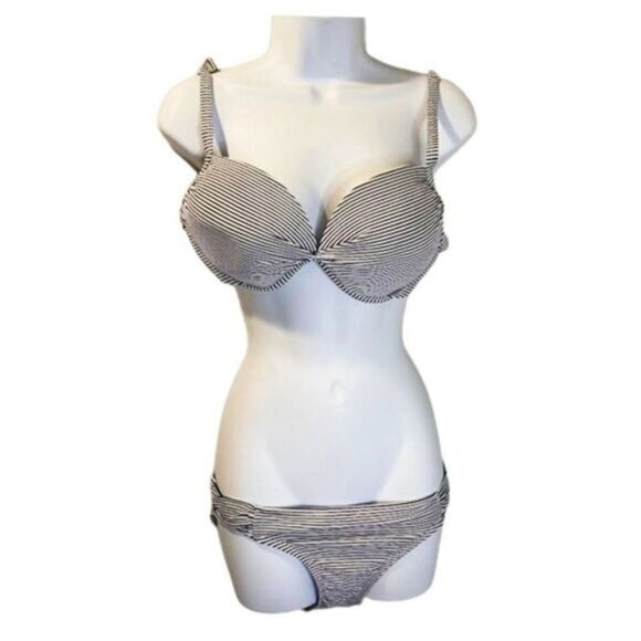 Women's Striped Two Piece Lightly Lined Twist Front Top Shirred Side Bottom - Picture 1 of 8